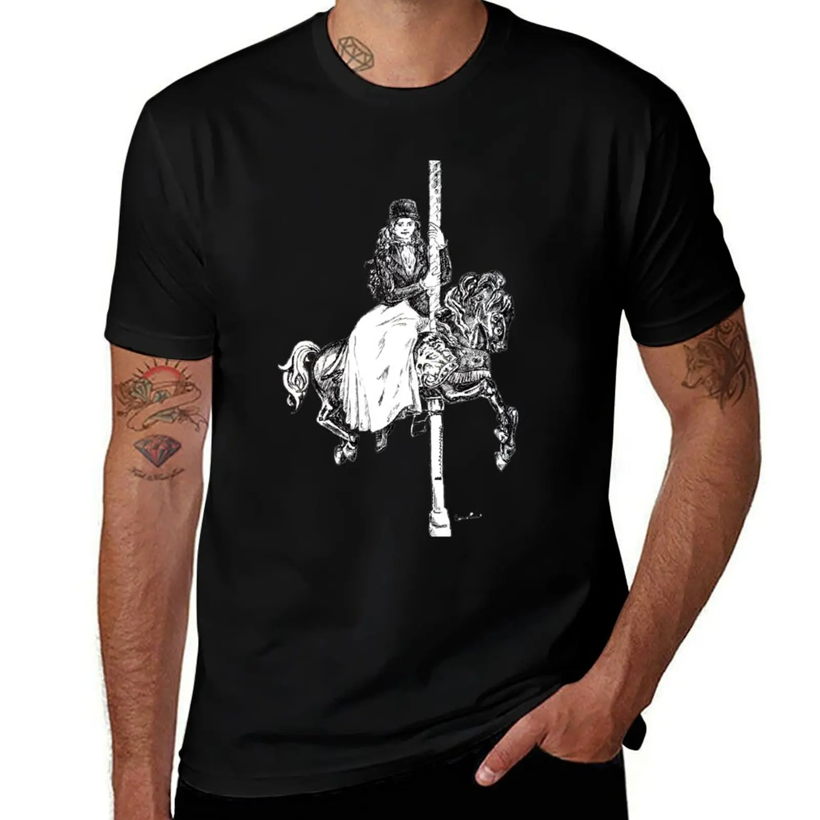 

Ink drawing - vintage lady on carousel horse T-Shirt man t shirt summer cotton t shirt pack