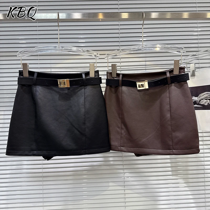 

KBQ однотонные ремни с металлической пряжкой, свободная юбка из искусственной кожи для женщин, шикарная юбка с высокой талией, женская мода, осенний стиль, новинка
