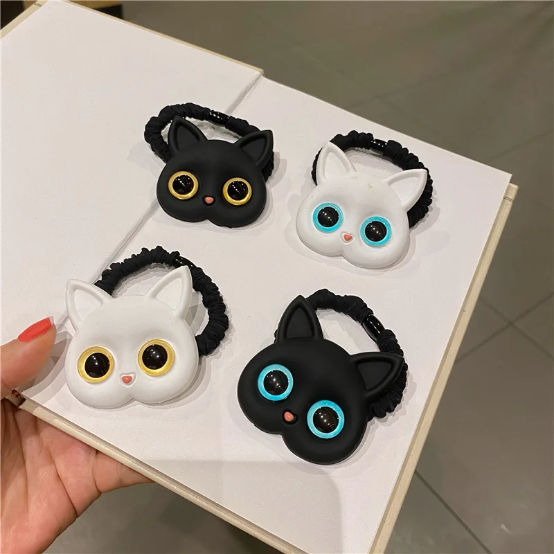 Simple Cute Black And White Kitten Hair Rope Big Eyes Cat Hair Ties Elastic Head Bands For Women Girls Cartoon Acrylci Rope