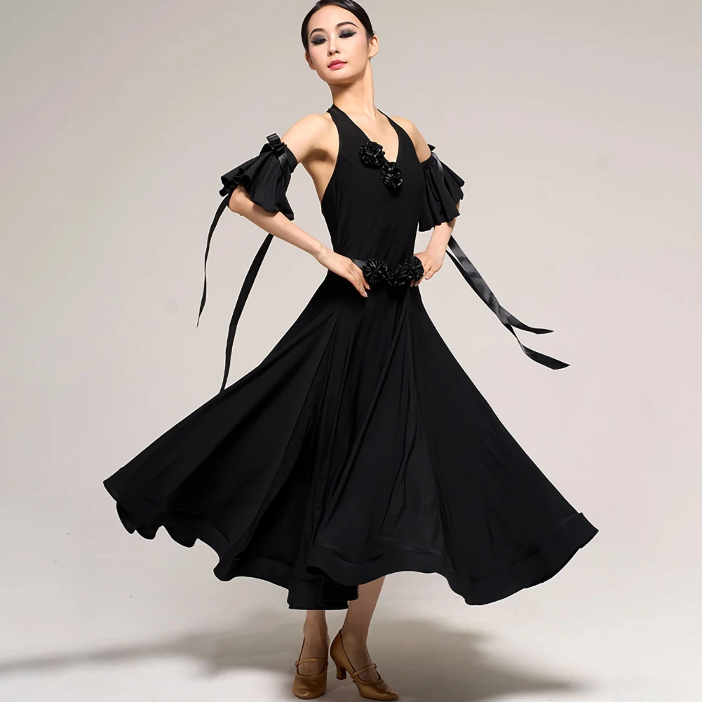 Walzerkleid, ärmellos, Party, Gesellschaftstanz, Praxis, Schwarz, Stereo, Blume, Standard-Wettbewerbskostüm, Tango, Orange