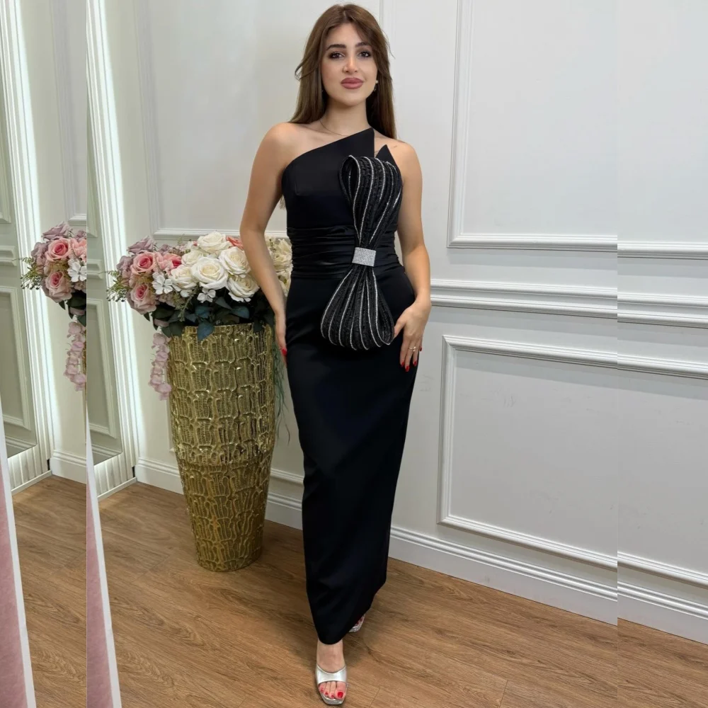 

Customized Retro Fashion Jersey Sequined Bow Straight Strapless Midi Dresses Bespoke Occasion Matching