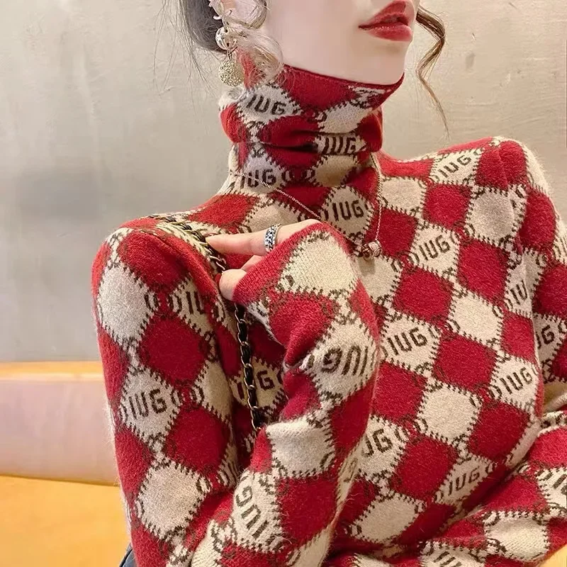 

Women Clothing Chic Vintage Slim Knitted Pullovers Autumn Winter Turtleneck Fashion Elasticity Sweaters Y2k Jacquard Knitwear