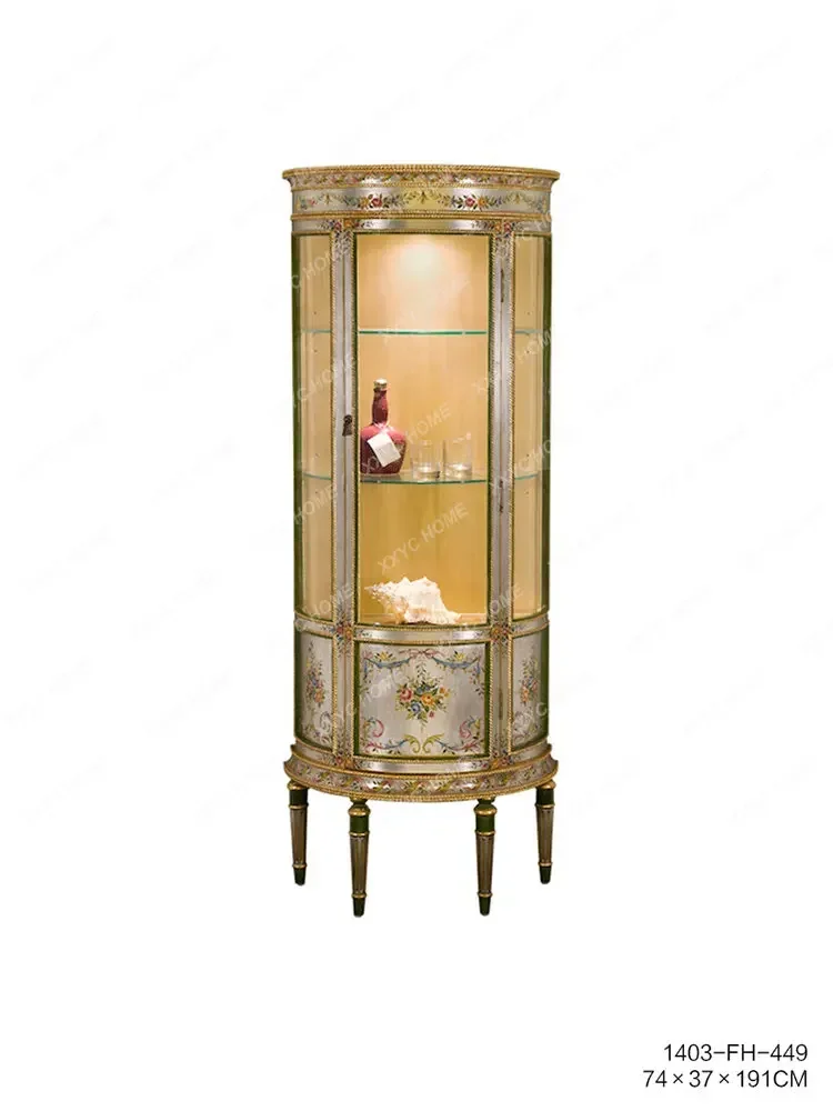 French Solid Wood Silver Foil Hand Painted Glass Semicircle Wine Cabinet Curio Cabinet Single-Door Display Cabinet