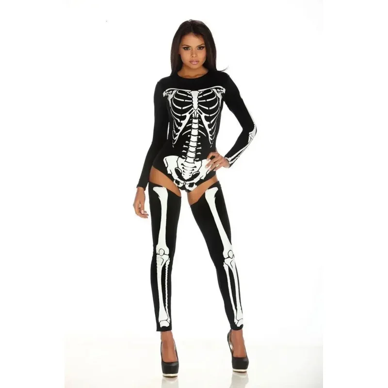 Adult Halloween Party Costume Scary Devil Ghost Cosplay Women Skull Skeleton Prints Leotard Catsuit Costume MS1795