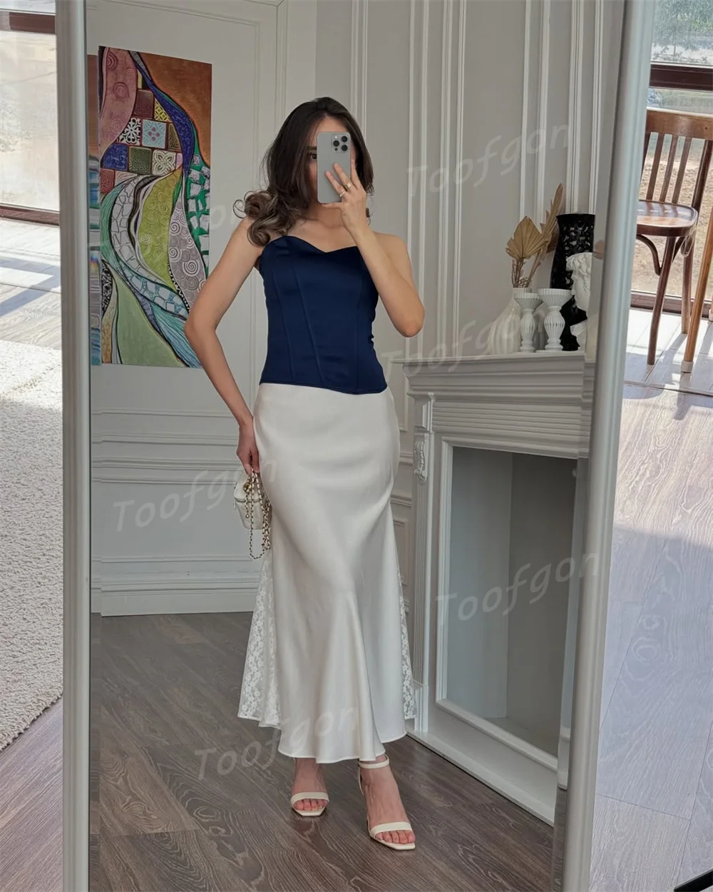 فساتين حفلات على شكل قلب من Toofgon باللون الأزرق العاجي مخصصة بدون أكمام من الساتان للنساء للكاحل مناسبة خاصة رسمية للحفلات