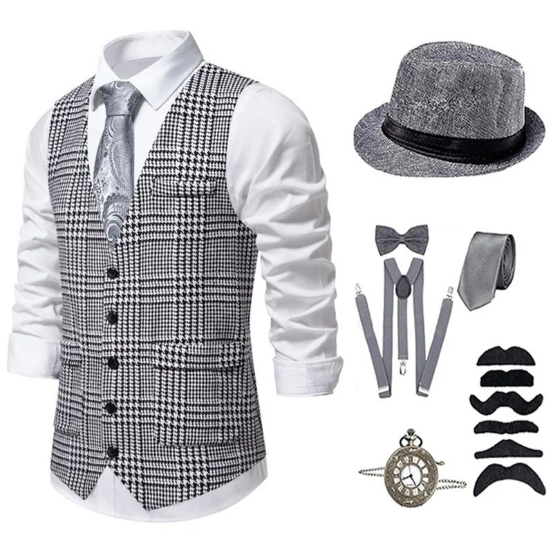 Conjunto de chaleco con un solo botón para hombre, traje informal de negocios, ropa para el escenario, poliéster, siete mangas, color blanco y negro, novedad de 2025