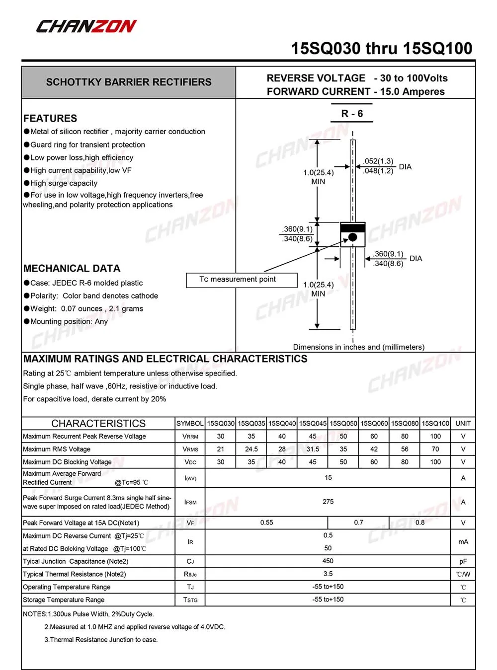 20Pcs Chanzon 15SQ045 Schottky Barrier Rectifier Bypass Blocking Diode 15A 45V R-6 15 Amp 45 Volt for Solar Cell Panel