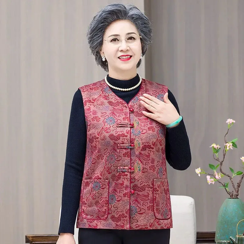 

Elderly Grandma Waistcoat XL-6XL Large Size Middle Aged Mother Casual Sleeveless Vest Jacket Chinese Style Women Vest Coat