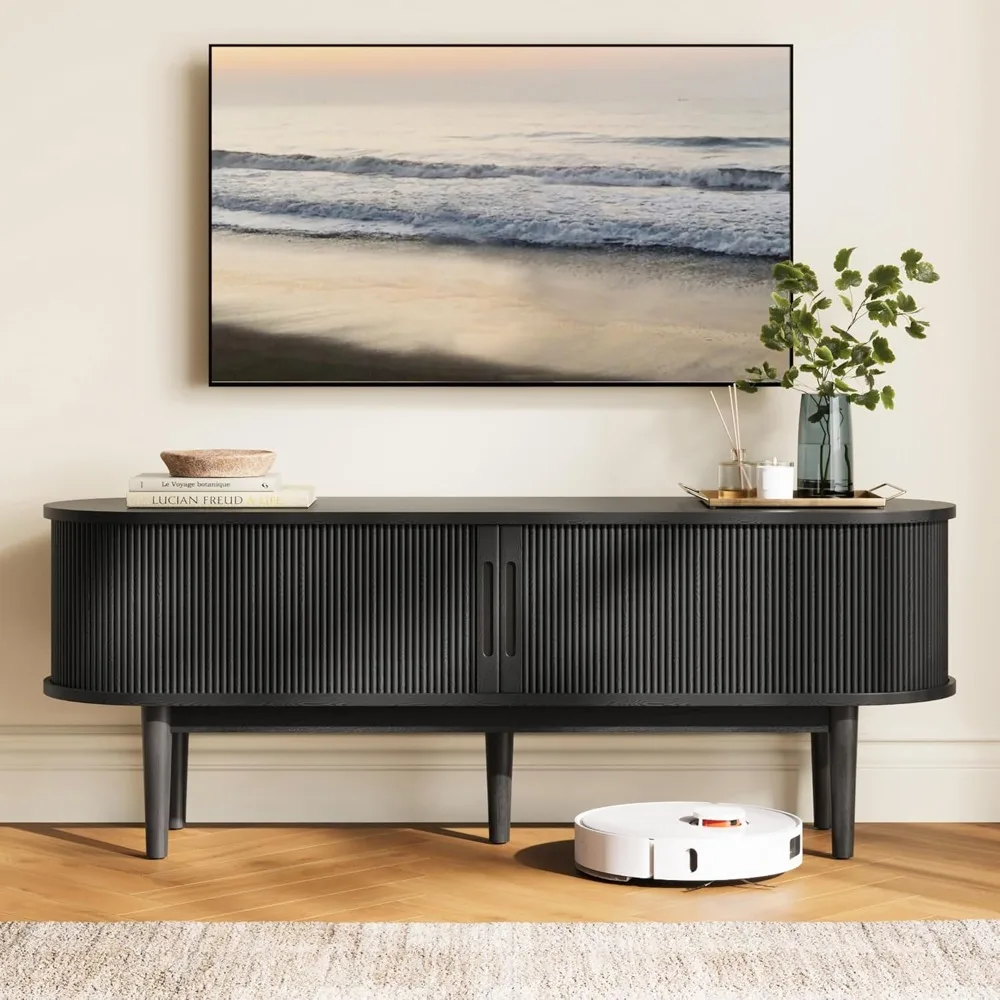 Mueble para TV moderno de mediados de siglo 65 con puerta corredera y almacenamiento - Centro de entretenimiento de madera estriada para sala de estar