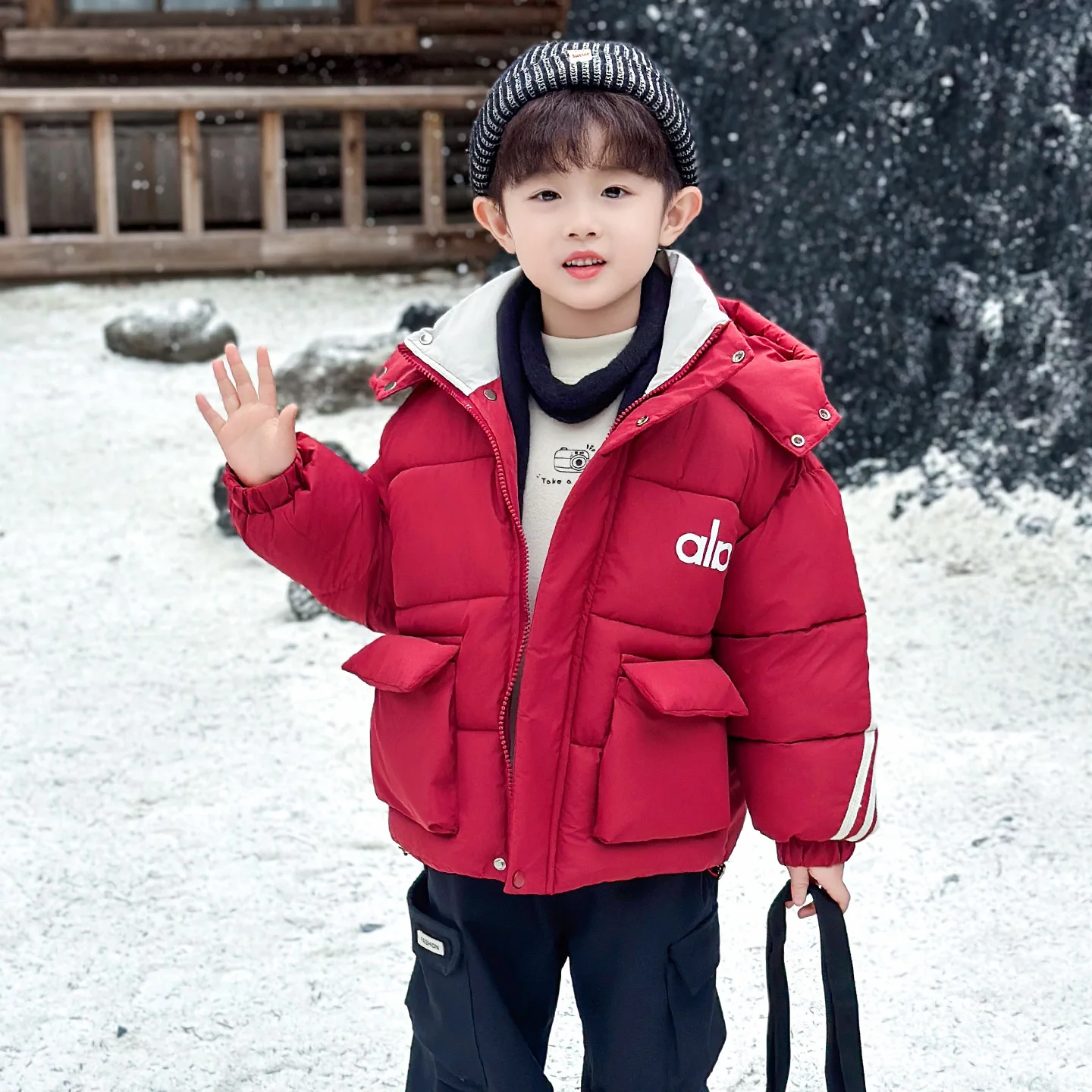 

Boys Thickened Cotton Jacket Winter Coat Hooded Bread Style Children's Padded Coat Trendy Youth Standard Fit Long Sleeve
