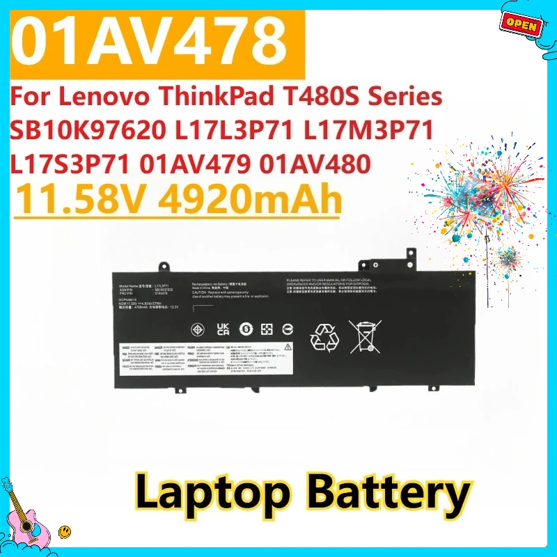 

01AV478 11.58V 4920mAh Replacement Laptop Battery for Lenovo ThinkPad T480S Series SB10K97620 L17L3P71 L17M3P71 L17S3P71 01AV479