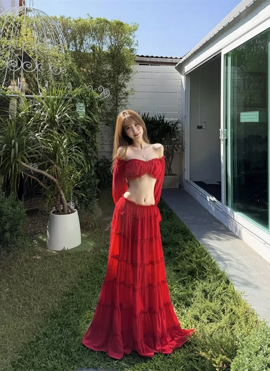 Damen-Badeanzug für Strandurlaub: Französischer Pure Desire Spicy Girl One-Shoulder-Bikini mit Lotusblatt-Rand, Zweiteiliges Set für heiße Quellen – Detail 2