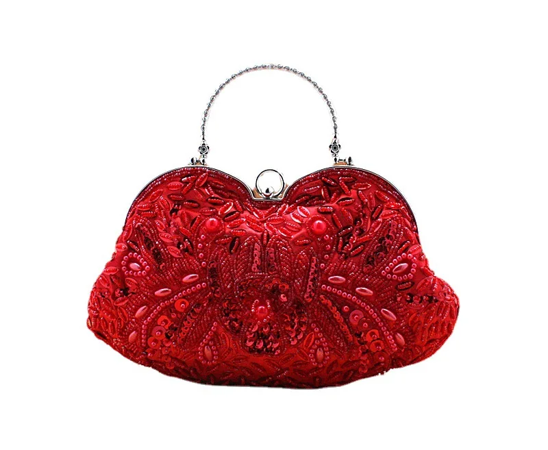 Fine Vintage Beading Flower Evening Bags Metal Handle Handbags For Women Retro Black Gray Purple Small Cluch Chain Shoulder Bag