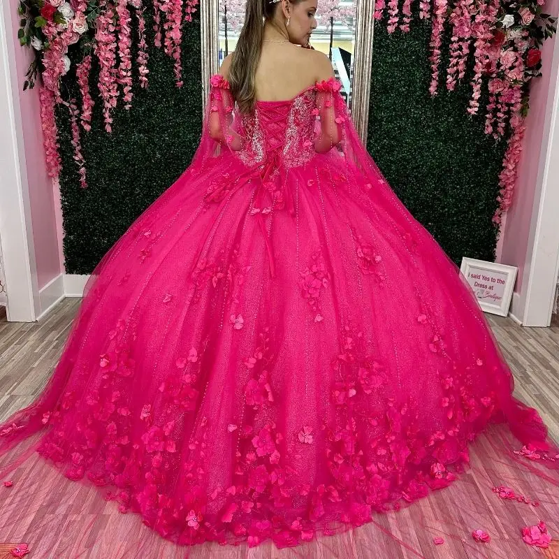 LorstudRose-Robe Quinceanera rouge avec cape pour filles, perles appliquées de fleurs 3D, corset mexicain, Sweet 16, YQD545