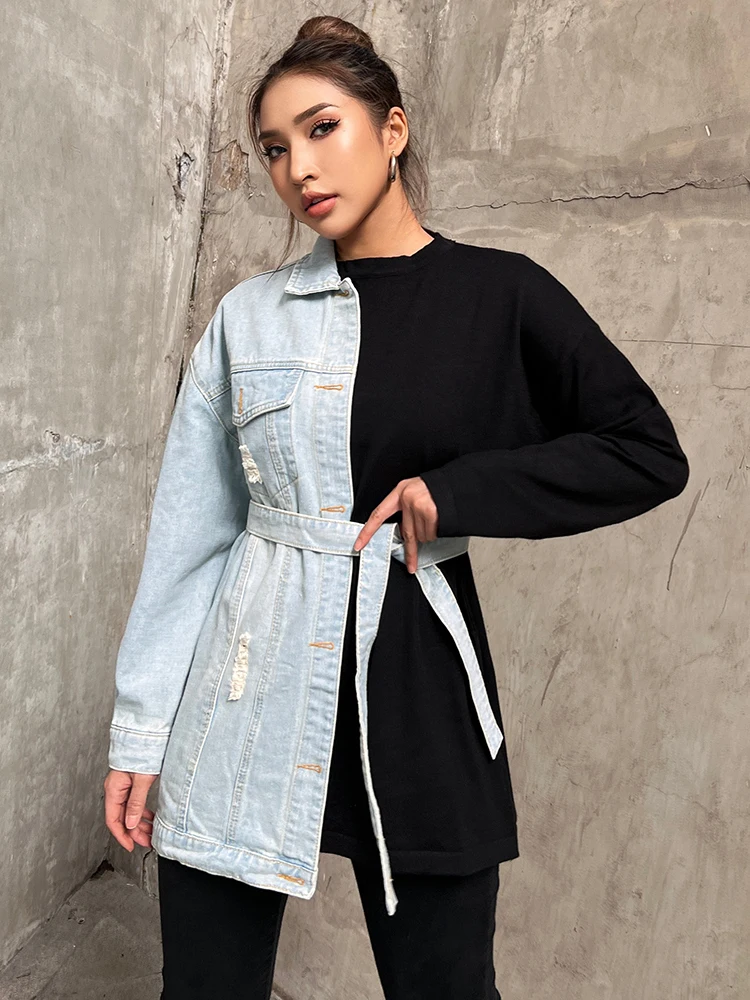 TWOTWINSTYLE Colorblock Streetwear Spliced Denim Coat For Women Lapel Long Sleeve Patchwork Lace Up Designer Jackets Female New