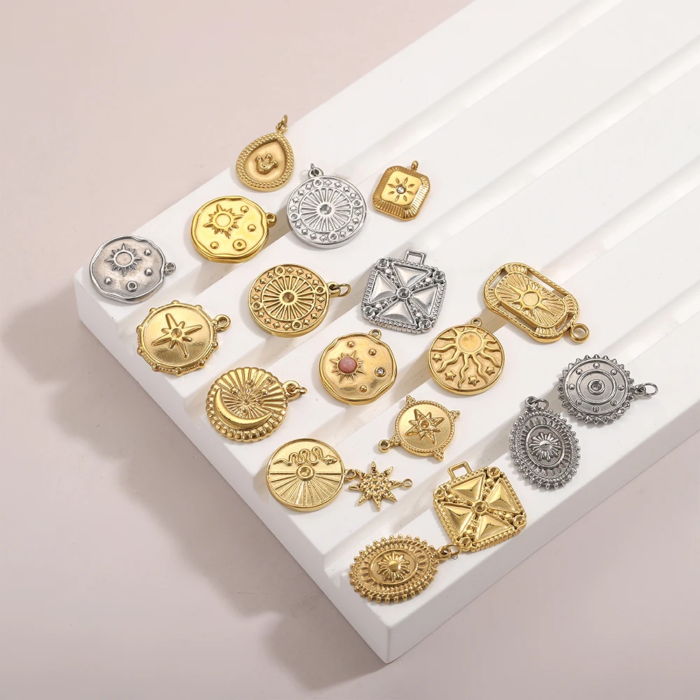

CARLIDANA Retro Geometric Jewelry Pendant Charms Stainless Steel Gold Plated Embossed Coin Moon Sun Jewelry Accessories Earrings