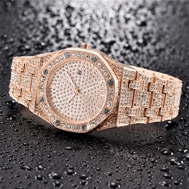 Cool Diamond Brand Watches For Men Montre Fashion Alloy Band Hip Hop Golden Gifts Date Quartz Clock Relogio Masculino Ouro 2023