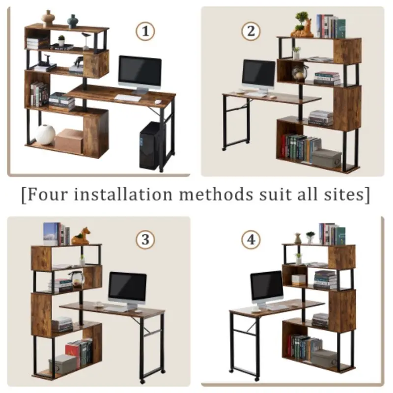 Home Office Computer Desk L-Shaped Corner Table, Rotating Computer Table with 5-Tier Bookshelf, Four Installation Methods, Locka