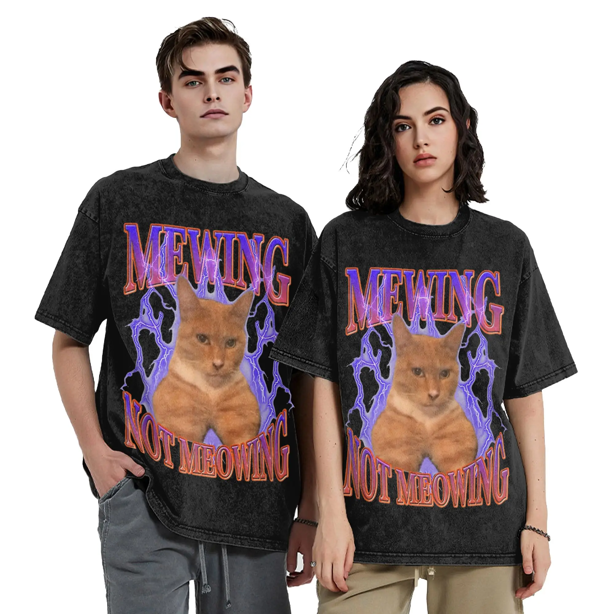Mewing Not Meowing Cat Meme Washed T Shirts Streetwear  Retro T-Shirt  Tees Tops Men Women Short Sleeve High Street Summer
