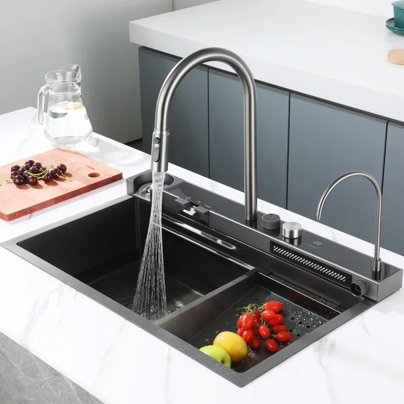 Hot sale stainless steel single bowl kitchen sink with intelligent digital display waterfall faucet and cup washer one piece