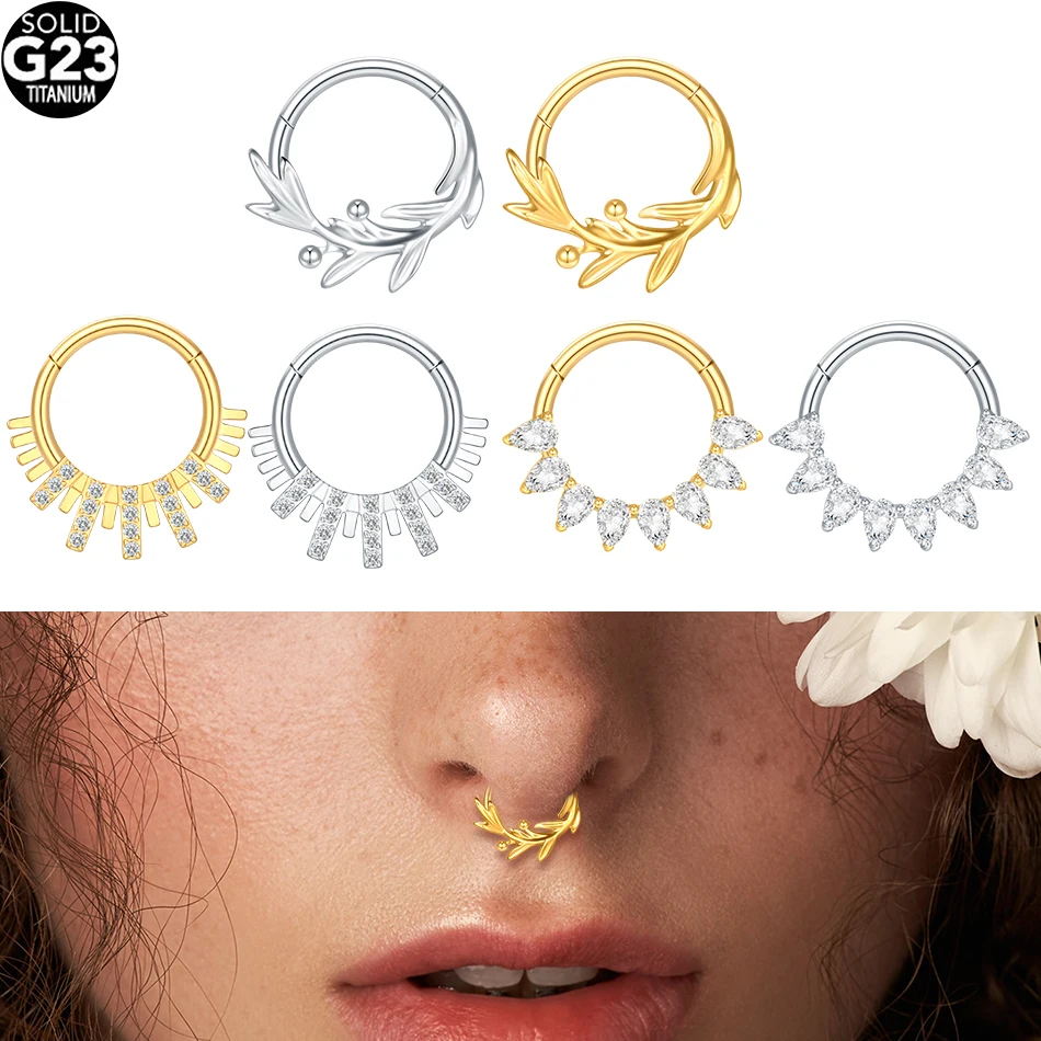 1/5PCS Titanium Cubic Zirconia Waterdrop Segment Nose Ring Leaf Nose Hoop Septum Clicker Daith Conch Helix Earring Piercings 16G