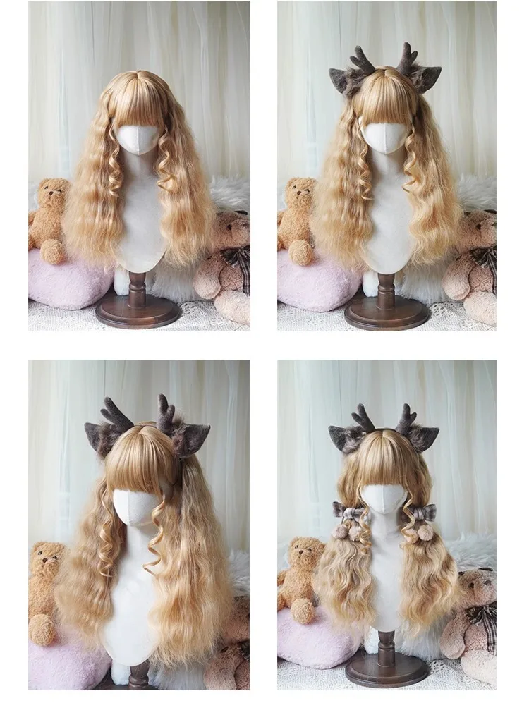 Parrucca cosplay Lolita per capelli sintetici ricci lunghi da 60 cm, morbida naturale, dolce, per uso quotidiano, per la vita scolastica, con frangia per le donne