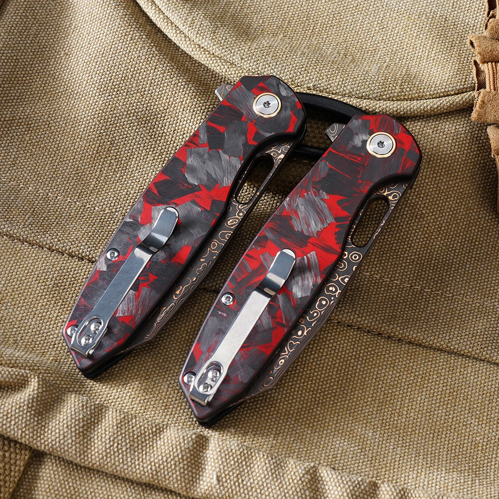 Red Carbon fiber Folding Knife Yellow Copper Damascus VG10 Steel Blade Easy Carrying Pocket Camping Survival Outdoor EDC Knives