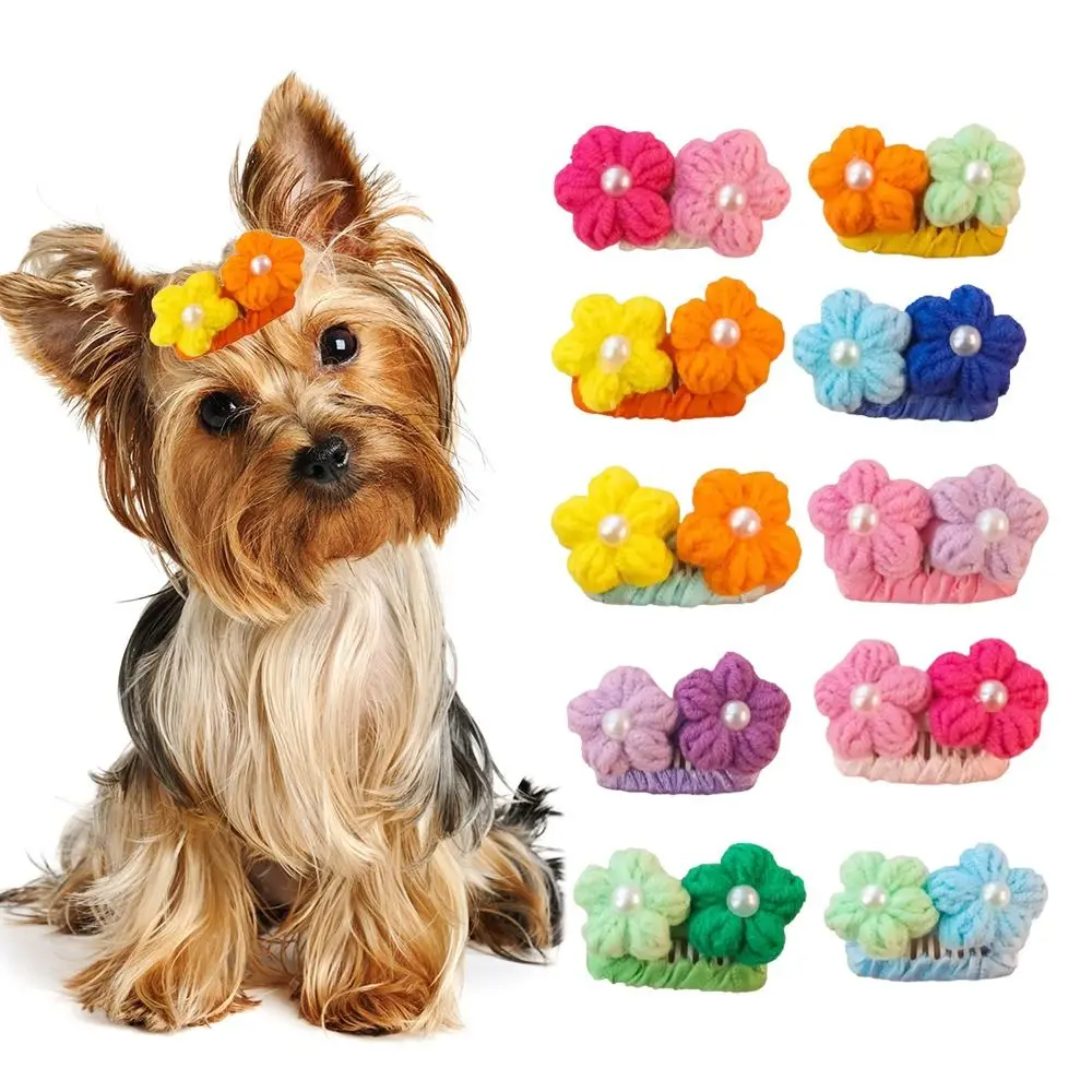 Cat Hair Ornaments Flower Shape Dog Hair Clip Wool Candy Color Colorful Puppy Barrette Hand-knitted Dog Hairpin Teddy