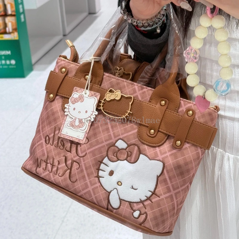 

Hello Kitty Plaid Pattern Embroidery Tote Bag Cute Sweet Girl Leather Handbag Cartoon Commuter Shoulder Bag Portable Organizer