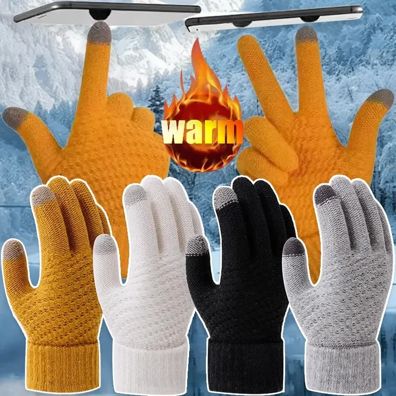 Winter touchscreen warme handschoen Voeg fluwelen gebreide want toe Anti-koude wollen garenhandschoenen Outdoor fietsen Rijden Effen kleur wanten