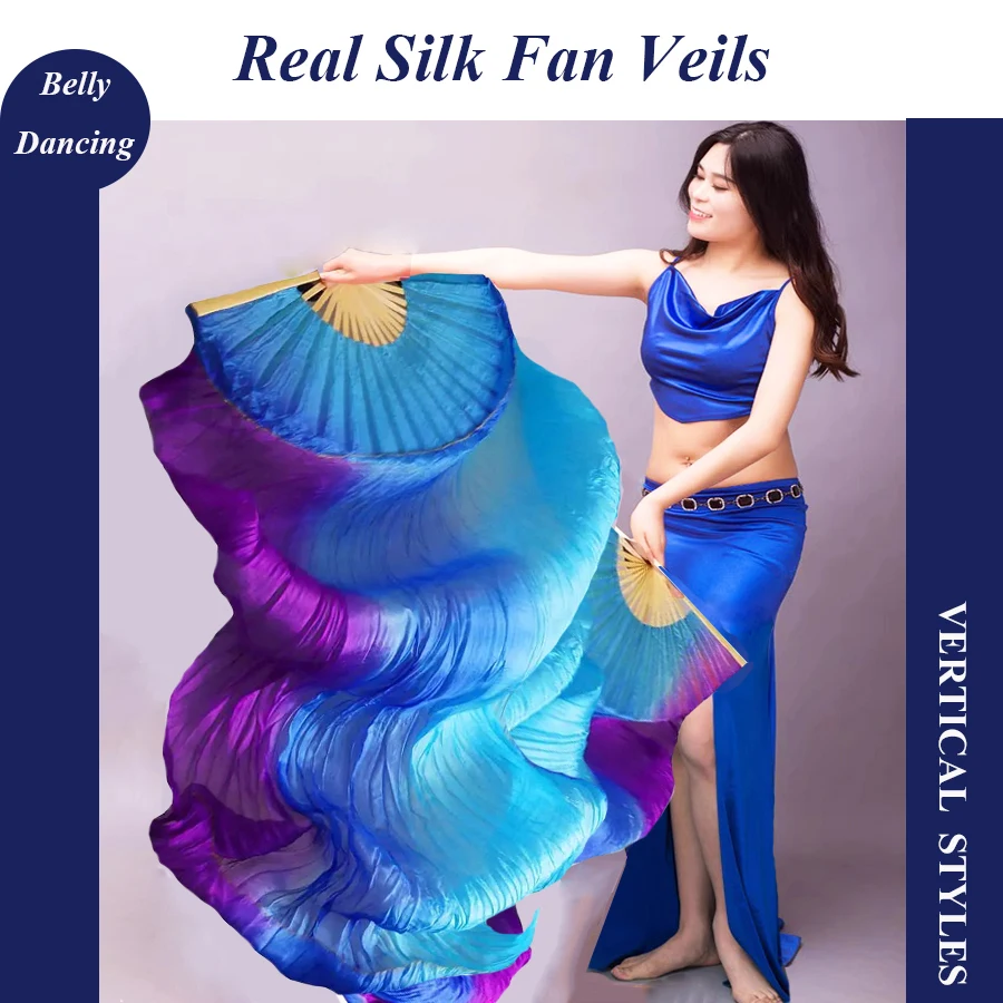 

Hand Made Women 1 Pair Belly Dance Silk Bamboo Dance Long Fan Veils Gradient Vertical Style