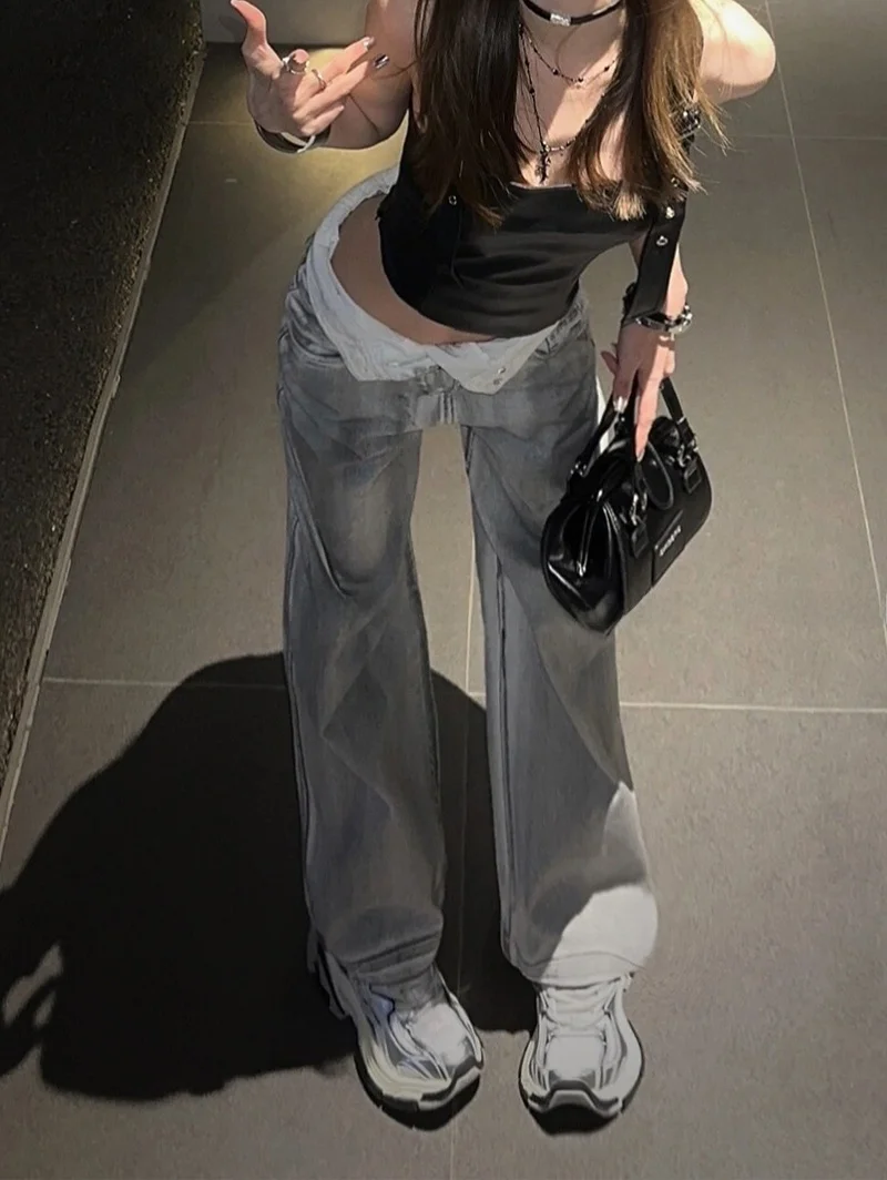 

Ретро-джинсы в американском стиле для женщин: выцветшие, в расслабленном стиле, для ранней весны, в духе Y2K, с высокой талией, прямые, в пол