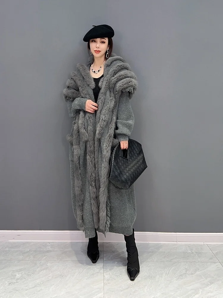 Vefadisa 2024 Winter Large Fur Collar Cardigan Coat Loose Mid-length Solid Color Thickening Plush Knitting Coat Women\'s LHX3822