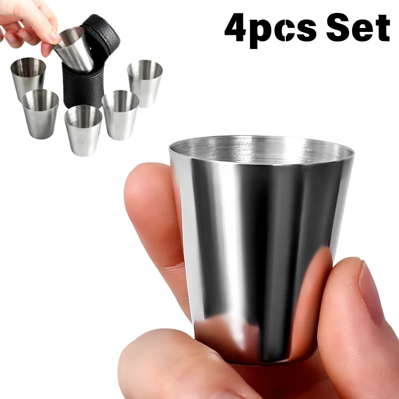 4Pcs set Outdoor Practical Travel Stainless Steel Cups Shots For Whisky Wine With Leather Cover Bag Portable Drinkware Mini Set