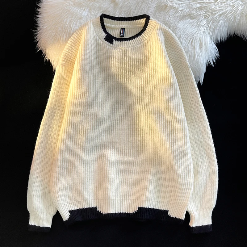 

Loose Fit Warm Sweater Knit Ribbed Jacket Pullover Coat Casual Soft Round Neck Long Sleeve Sweatshirt Men Vintage Outerwear Tops