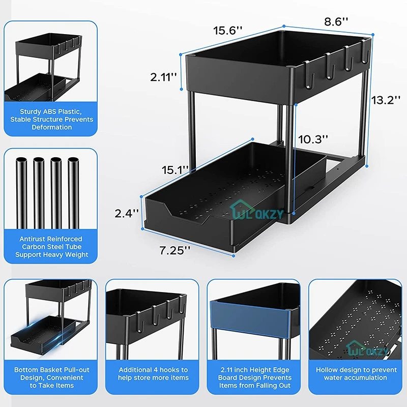 Kitchen Under Sink Storage Organizer, 2 Tier Drawer, Multipurpose Rack, Bathroom Shelves, Cabinet