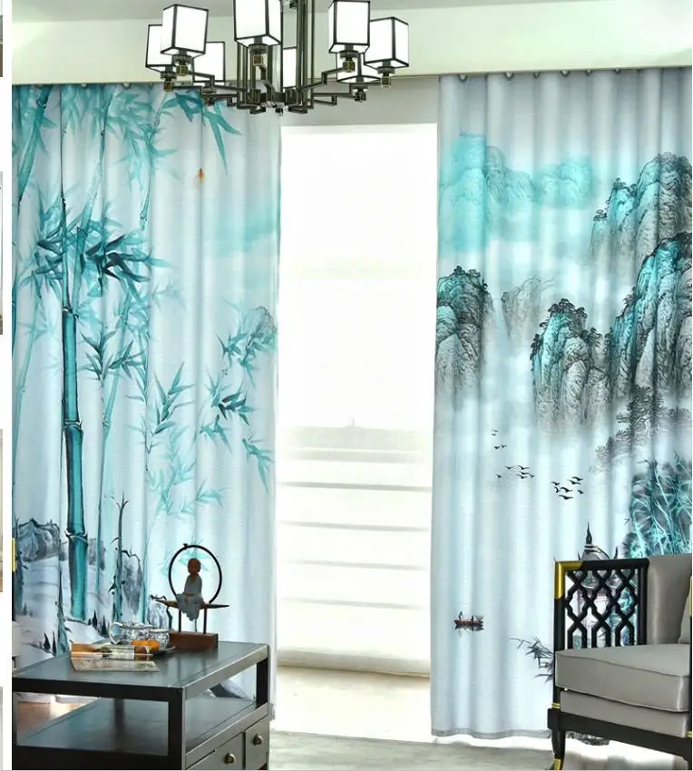 New curtains simple modern Chinese style landscape bamboo living room bedroom shading curtains personality curtains