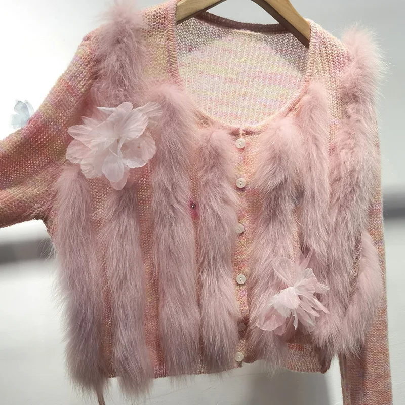 Female Short Cute Fox Fur Stripe Knitted Pink Chic Cardigan Sweater With Button O-neck Lovely Knitting Cardigans