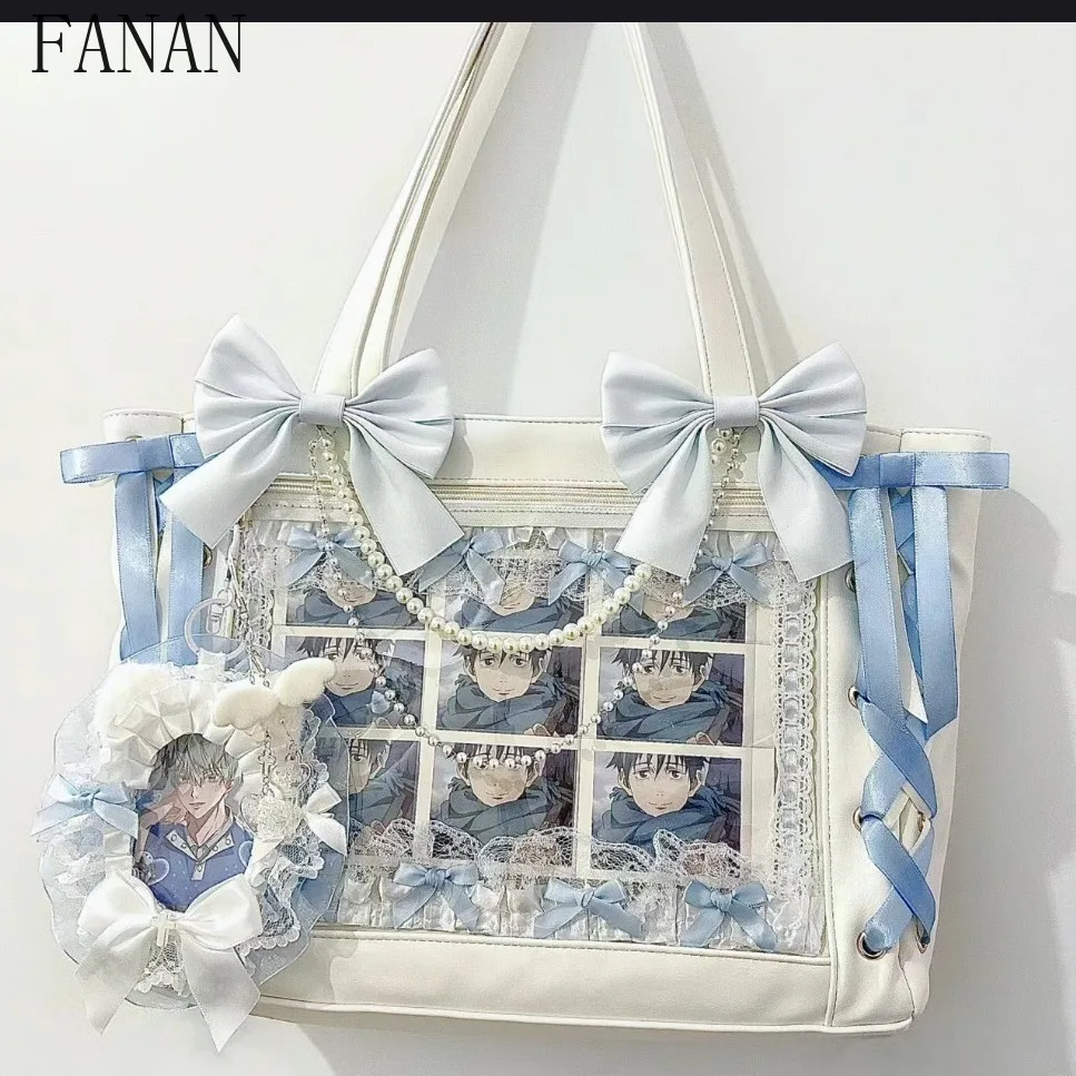 

Японская шелковая сумка для боли с лентой и бантом, милые повседневные сумки для женщин, большая вместительная прозрачная модная сумка на плечо Femme