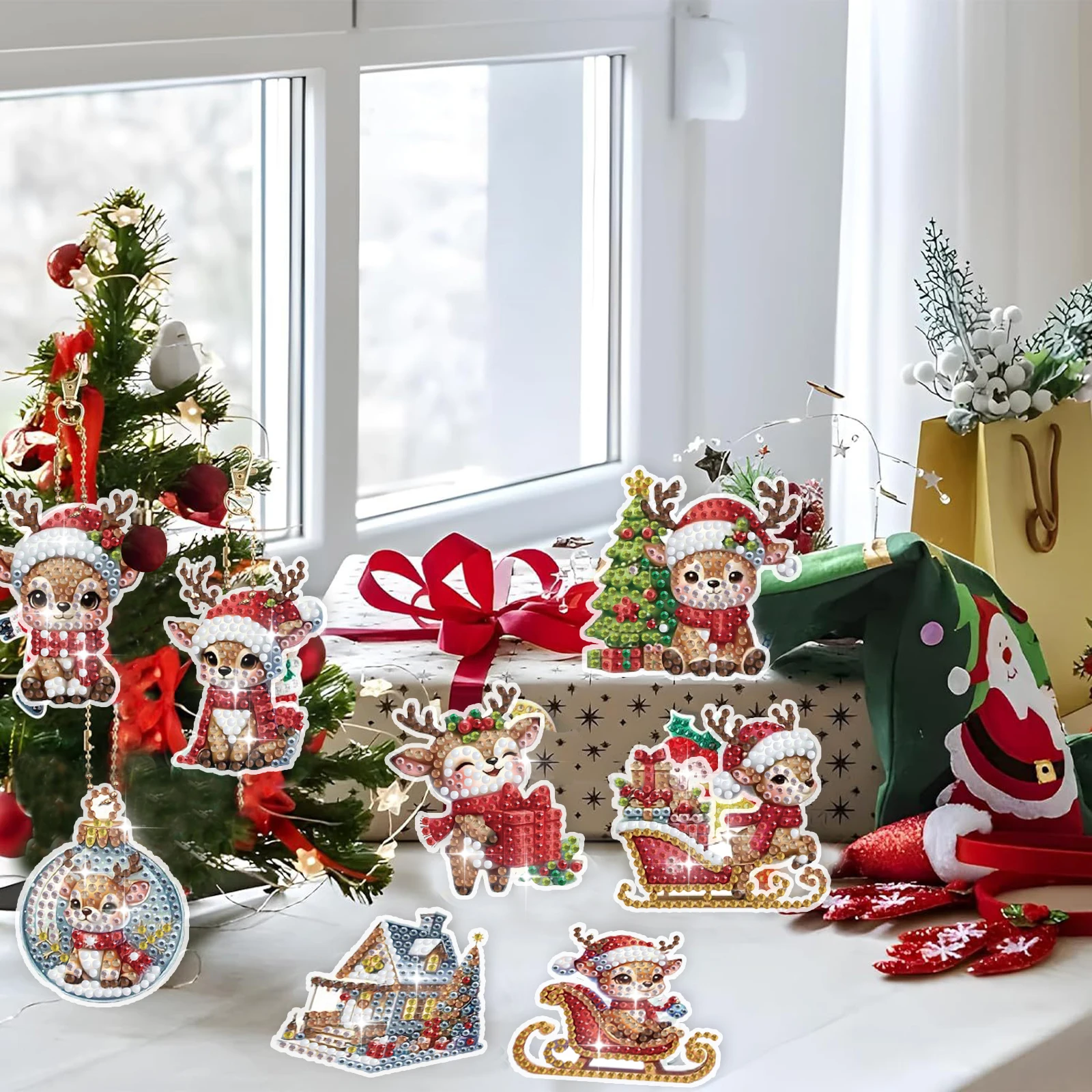 12 pieces DIY diamond painting acrylic material, Christmas deer pattern diamond painting key chain kit