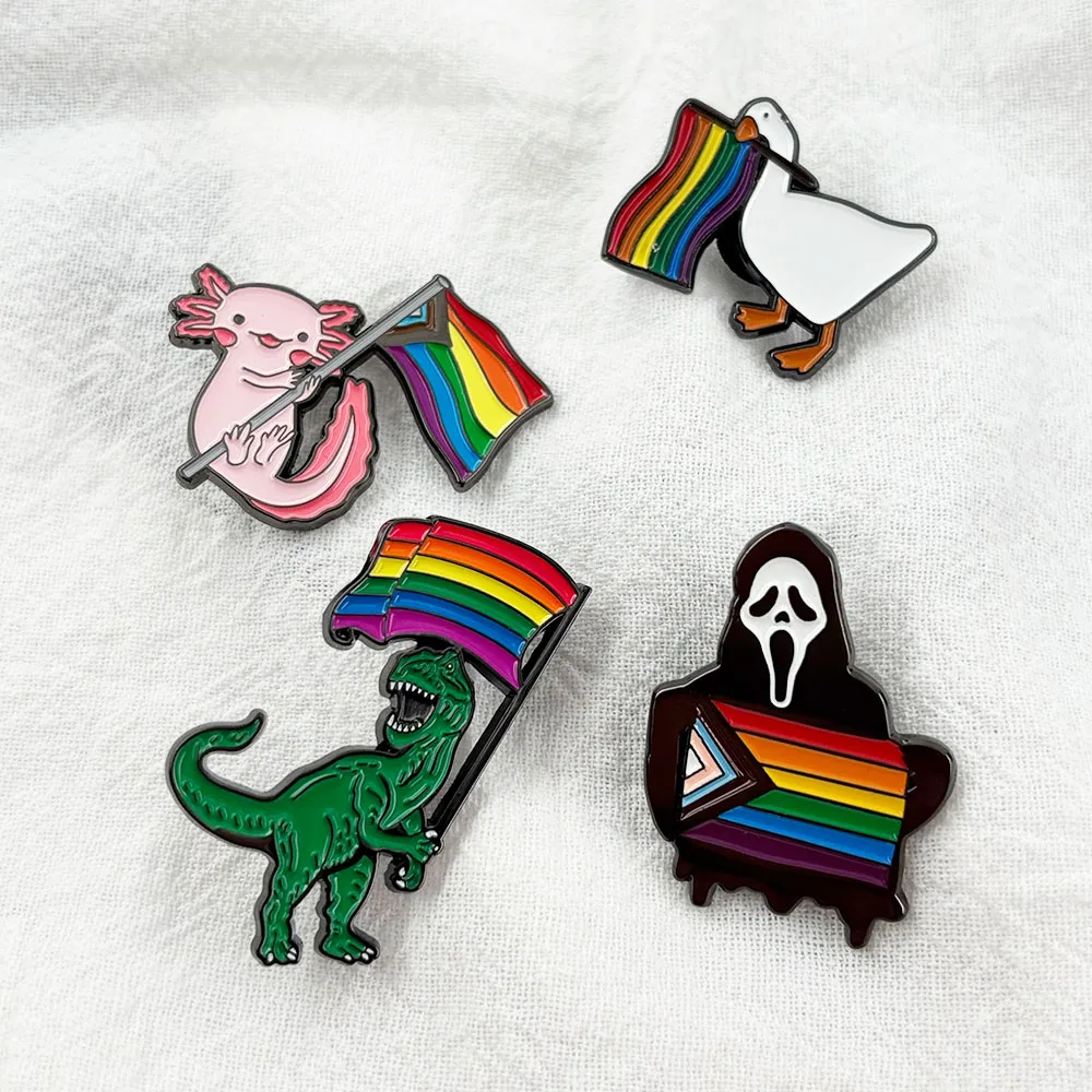 LGBTQ+ Pride Rainbow Flag Cartoon Enamel Pin Fun Animal Cat Dinosaur Frog Brooch Backpack Hat Accessory Creative Gift - Detail 1