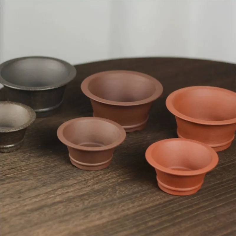 Chinese Yixing Purple Sand Small Flower Pot Handmade Pot Mini Bonsai Pot Home Desktop Decoration Retro Round Flower Pot LE800