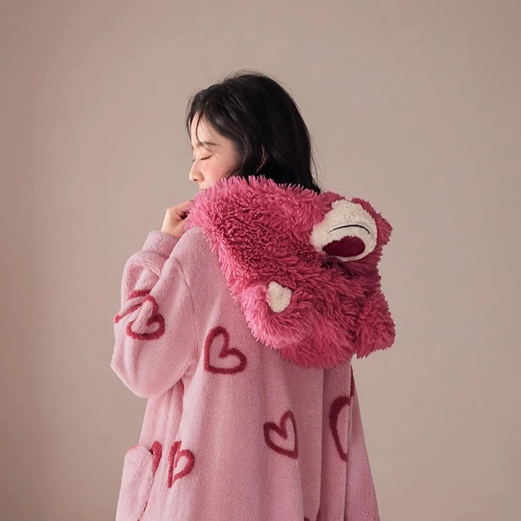Bear Nightgown Women's Autumn and Winter Coral Fleece Cute Hooded Loungewear Thermal Pajamas Love Patterned Nightgown