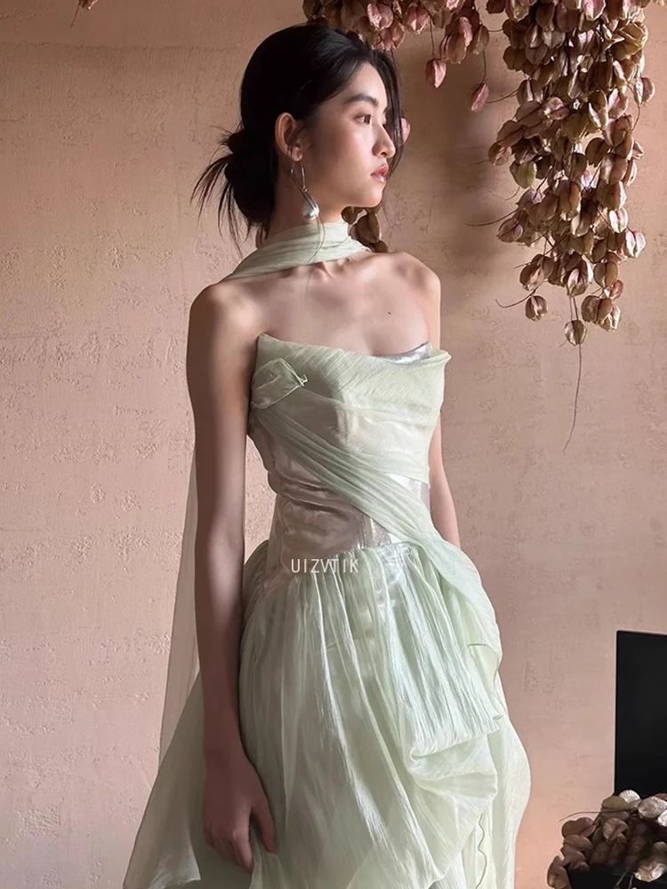 Gaun Malam Pesta Mint Verngo Gaun Acara Formal Berlipat Putri Duyung Tanpa Tali Wanita Gaun Prom Punggung Terbuka Berkilau Elegan Dapat Disesuaikan