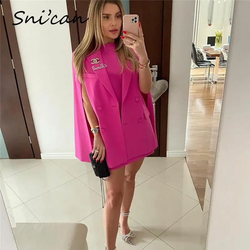 Pink Sleeveless Cloak Jacket Coat Women Fashion Spring Turn Down Collar Double Breasted Pockets Office Ladies Blazer Mujer 2022