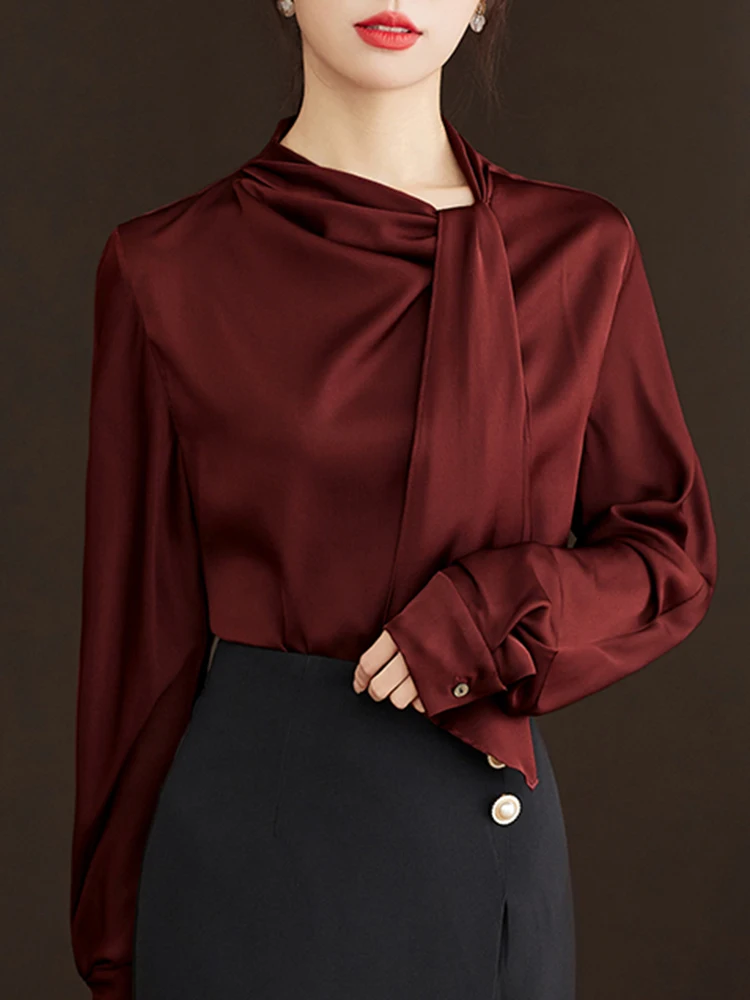 Women Clothing Casual Top Elegant Long Sleeve Shirts Vintage Solid Color Blouses Korean Style Loose Tops