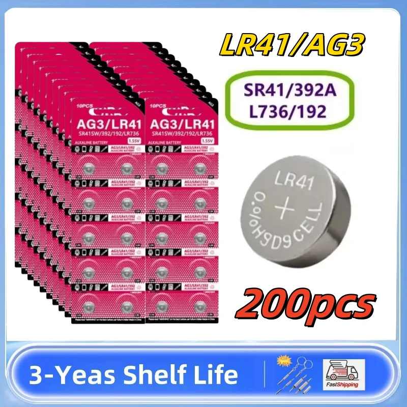 

200pcs AG3 1.55V Alkaline Button Battery AG3 192 LR41 SR41SW L736 Coin Cell Button Batteries For Watches Toys