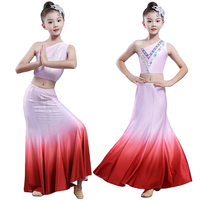 

Детский градиентный цветной костюм для танца живота с открытыми плечами, платье для тайского танца с бриллиантами и вышивкой для девочек-павликов