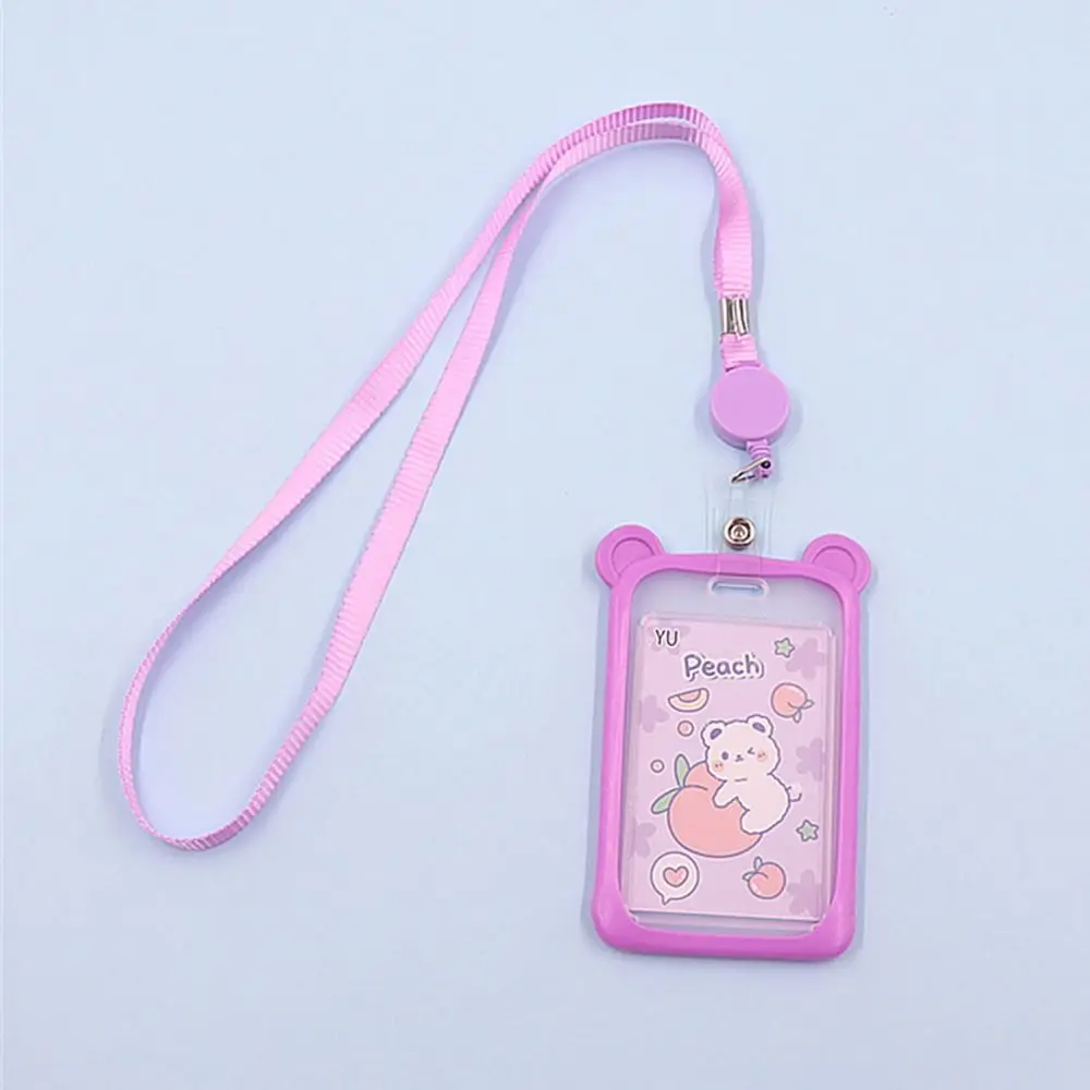 1PC Cartoon Bear Bank Retractable Reel Lanyard ID Card Sleeve Credit Cover Case Bus Card Case Card Holder