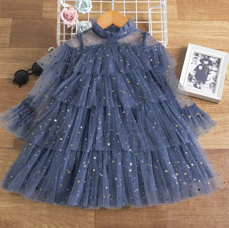 Sweet Girls Star Moon Sequin Tulle Dress New 2024 Spring Girls manica lunga Puffy Mesh Princess Dresses 2-7T